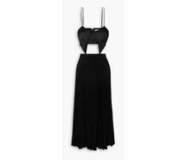 Cutout pleated satin-paneled crepe maxi dress - Black
