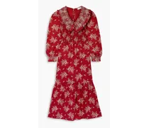 Alessia ruffled shirred floral-print cotton midi dress - Red