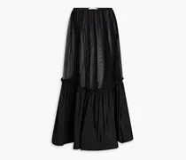 Gathered tulle and cotton-blend taffeta midi skirt - Black