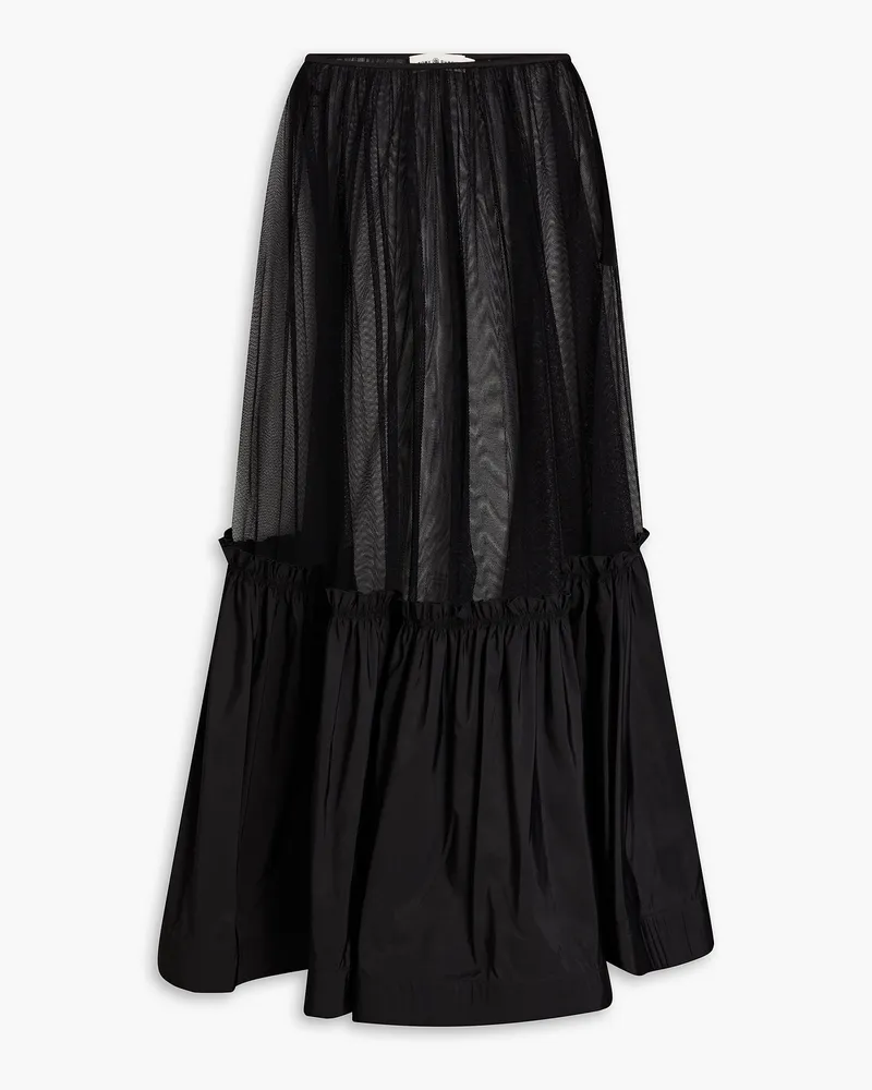 Gathered tulle and cotton-blend taffeta midi skirt - Black
