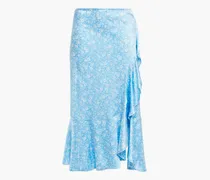 Wrap-effect ruffled floral-print silk-blend satin skirt - Blue
