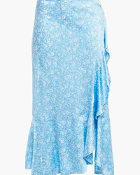 Ganni Wrap-effect ruffled floral-print silk-blend satin skirt - Blue Blue