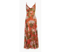 Draped floral-print silk-chiffon maxi dress - Orange