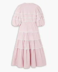 Anna Mason Mimi lace-trimmed tiered cotton-chambray midi dress - Pink Pink