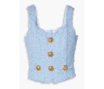 Button-embellished bouclé-tweed top - Blue
