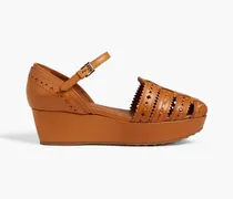 Laser-cut leather platform sandals - Brown