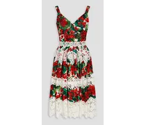 Crochet-trimmed floral-print cotton-blend poplin dress - Red