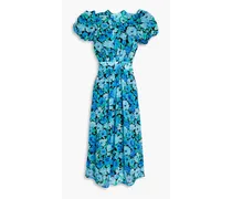 Shirred floral-print chiffon midi dress - Blue