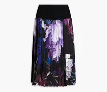 Crepe-paneled pleated printed silk-twill skirt - Black