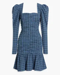 Ganni Ruched checked stretch-seersucker mini dress - Blue Blue