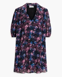 Ganni Floral-print plissé-organza mini dress - Black Black