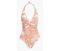 Zanzibar twisted paisley-print halterneck swimsuit - Pink