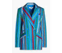 Double-breasted striped cotton and linen-blend blazer - Blue