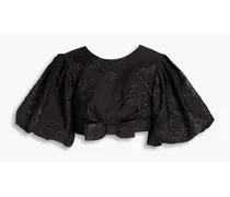 Cropped bow-embellished metallic cloqué top - Black