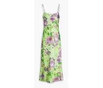 Embellished floral-print stretch-satin midi slip dress - Green