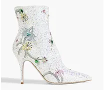 Flora crystal-embellished suede boots - White