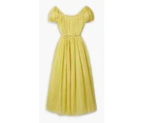 Pleated striped cotton and silk-blend voile midi dress - Yellow
