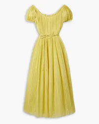 Tory Burch Pleated striped cotton and silk-blend voile midi dress - Yellow Yellow