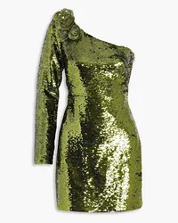 Marchesa One-sleeve sequined tulle mini dress - Green Green