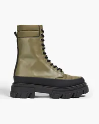 Ganni Quilted shell-paneled leather combat boots - Green Green