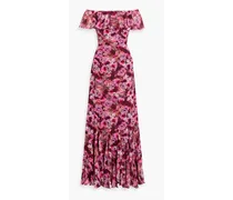 Off-the-shoulder ruffled floral-print fil coupé gown - Pink