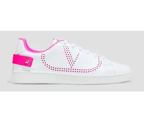 Backnet neon-trimmed perforated leather sneakers - White