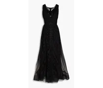 Embroidered tulle-paneled embellished taffeta gown - Black