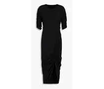 Asymmetric shirred jersey midi dress - Black