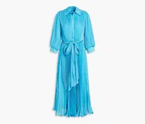 Pleated metallic chiffon midi shirt dress - Blue