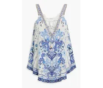 Embellished lace-up printed silk crepe de chine top - Blue