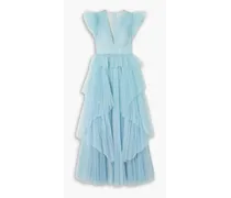 Pascale tiered ruffled pleated tulle gown - Blue