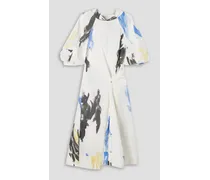 Printed cotton-blend poplin midi dress - White