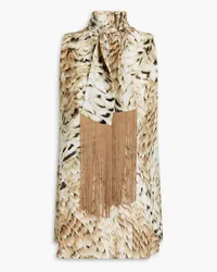 Roberto Cavalli Fringed printed silk crepe de chine top - Neutral Neutral