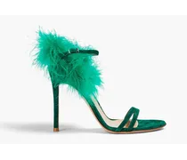 Feather-embellished suede sandals - Green
