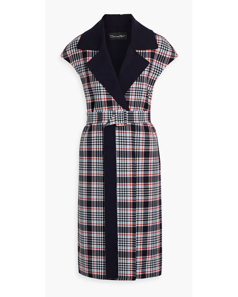 Belted checked wool-blend jacquard coat - Blue