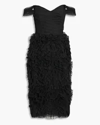 Marchesa Off-the-shoulder ruffled Swiss-dot tulle midi dress - Black Black