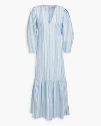 Ganni Gathered striped cotton-twill midi dress - Blue Blue