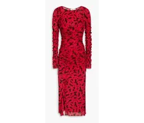 Corrine ruched printed stretch-mesh midi dress - Red