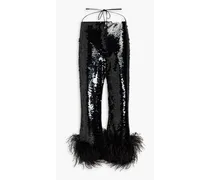 Feather-trimmed sequined tulle straight-leg pants - Black