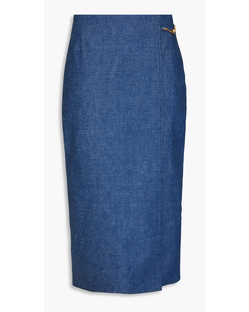 Tory Burch Wrap-effect embellished denim midi skirt - Blue Blue