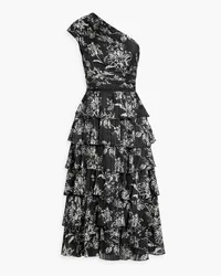 Mikael Aghal One-shoulder tiered floral-print jacquard midi dress - Black Black