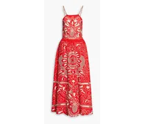 Gathered broderie anglaise-cotton midi dress - Red