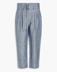 Brunello Cucinelli Belted cropped herringbone hemp and linen-blend tapered pants - Blue Blue