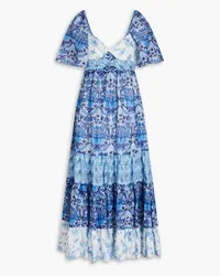 Sandro Floral-print linen-blend midi dress - Blue Blue