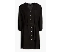 Pintucked belted linen mini dress - Black