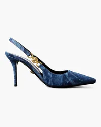 Versace Embellished printed denim slingback pumps - Blue Blue