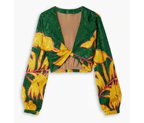 East Africa cropped twist-front printed satin-jacquard top - Green