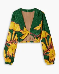 Johanna Ortiz East Africa cropped twist-front printed satin-jacquard top - Green Green