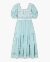 Sea Olga smocked embroidered broderie anglaise cotton midi dress - Blue Blue