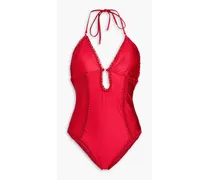 Crochet-trimmed cutout halterneck swimsuit - Red